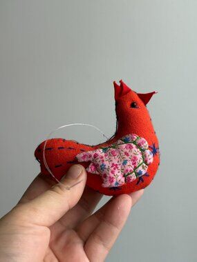 Red Floral Fabric Embroidered Bird Ornament Decoration